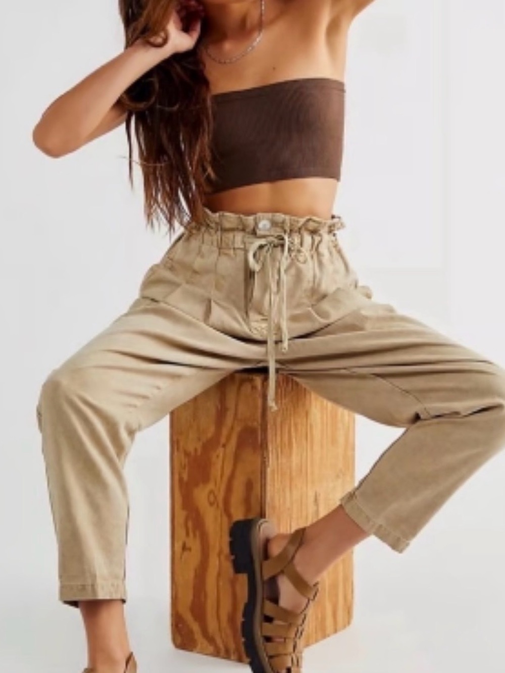 FREE PEOPLE Margate Pleated Trousers Pants Sand Drawstring M